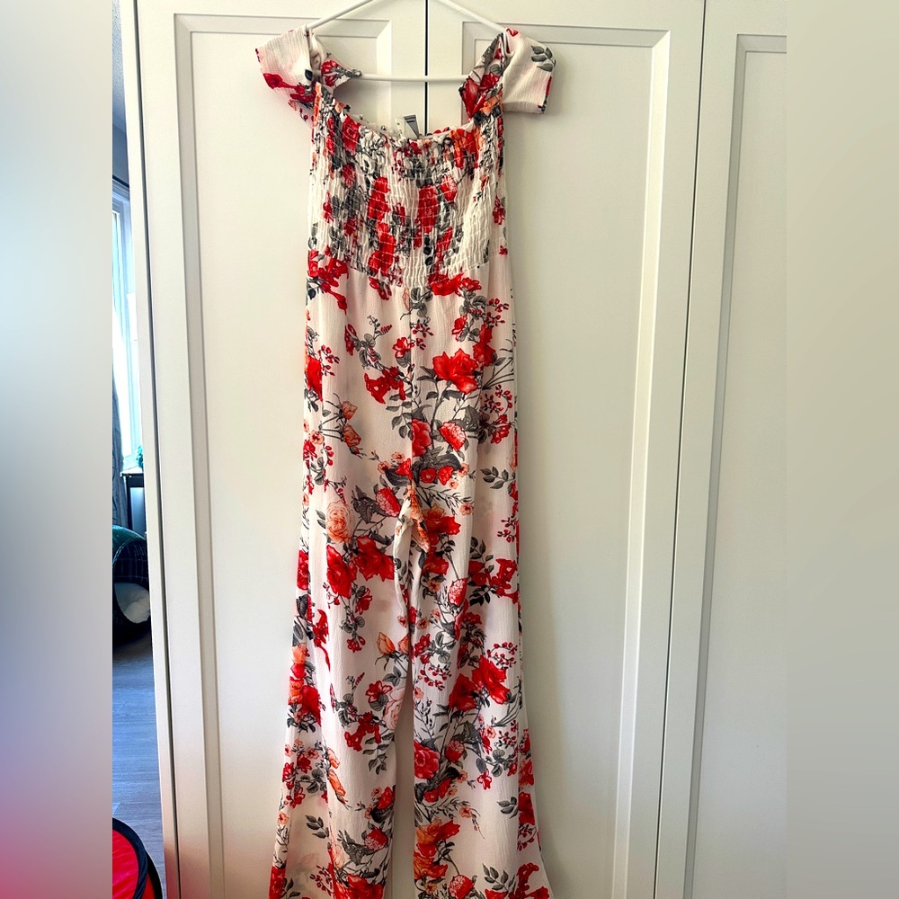 Privy Red and White Floral Jumpsuit with Flutter Sleeves